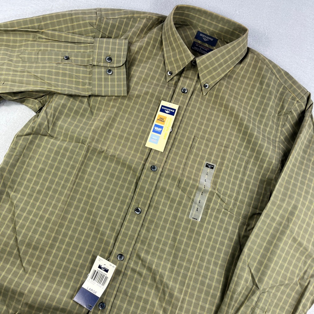 Dockers Mens proStyle Shirt Large Olive Green Plaid No Wrinkle Stain Defender